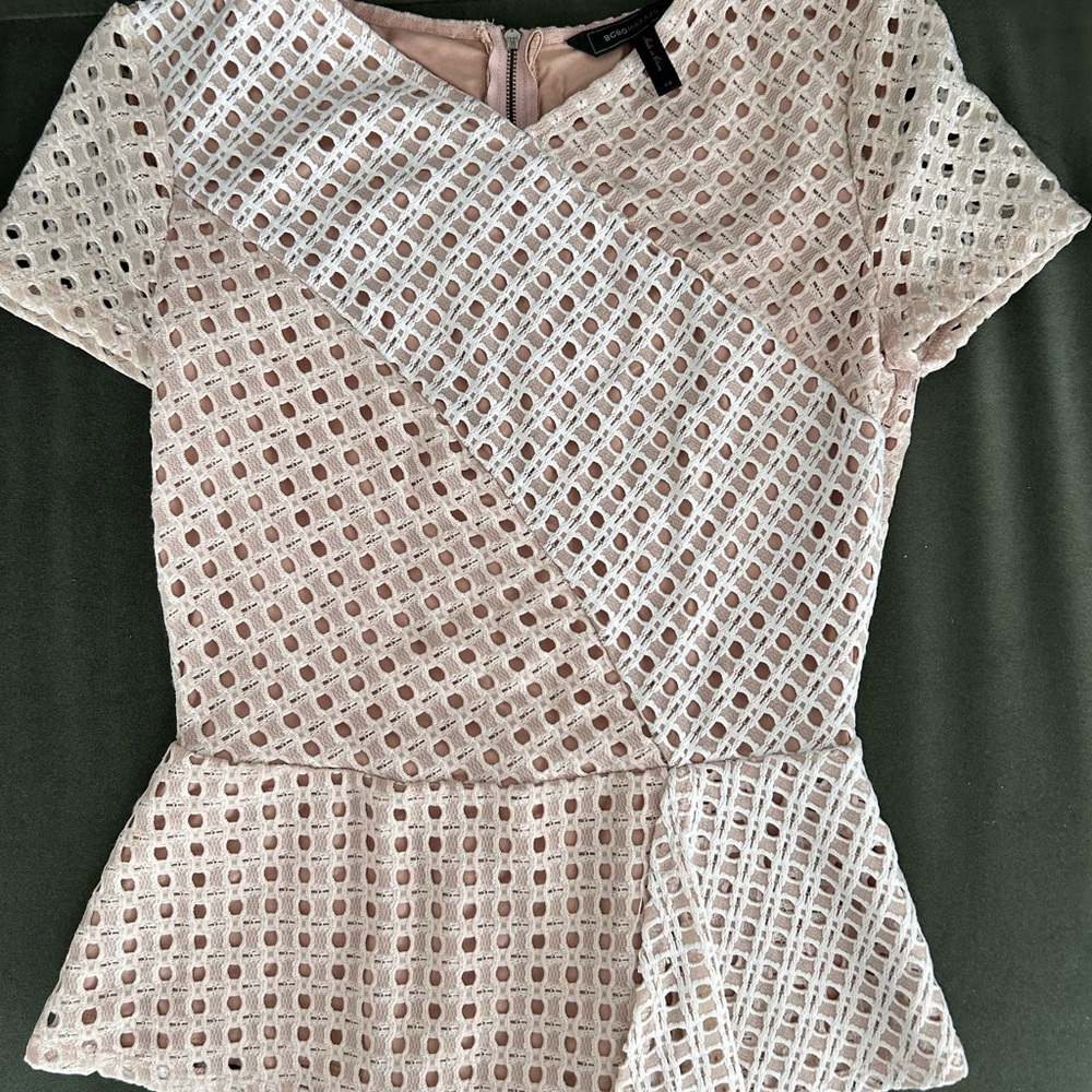 BCBGMaxAzria Blush Lace Peplum Top